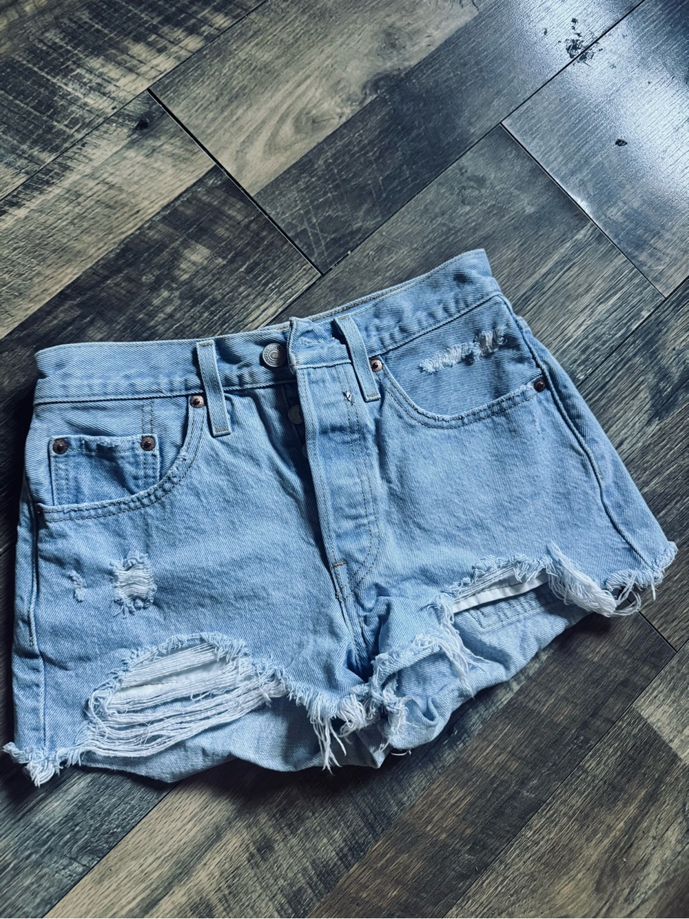 Levi's 501 Light Blue Distressed Cutoff Denim Shorts